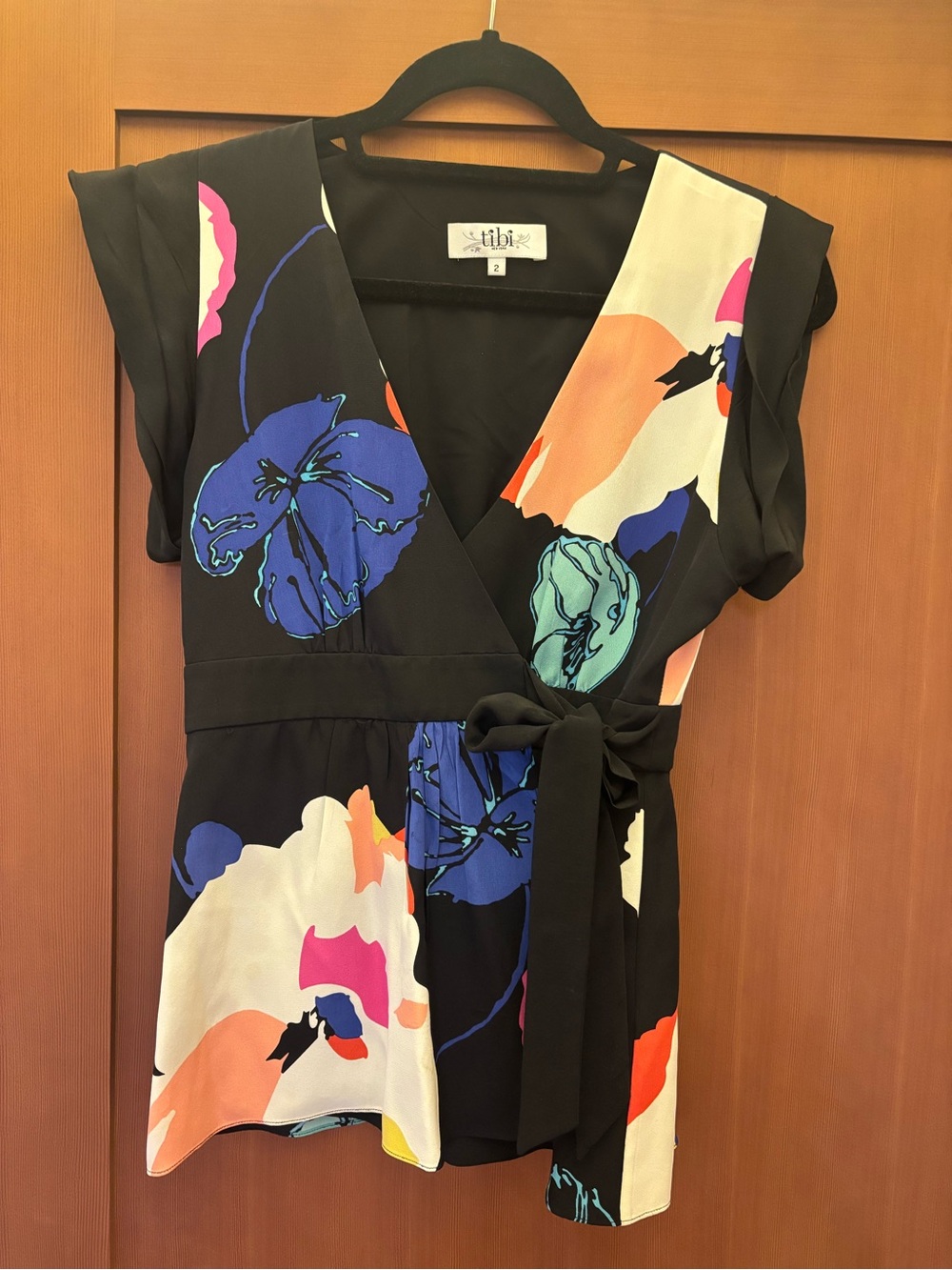 Tibi Black Wrap Silk Top - Black with Multicolor Floral Print